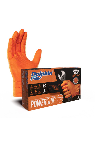 Dolphin PowerGrip Ekstra Kalın Turuncu Nitril Eldiven Elmas Dokulu L Beden 50 Adet - 1