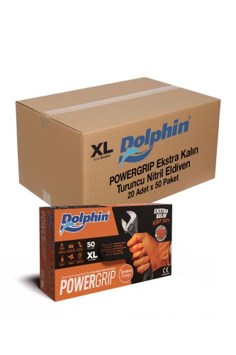 Dolphin PowerGrip Ekstra Kalın Turuncu Nitril Eldiven Elmas Dokulu XL 50 Adet x 20 Paket - Koli - Thumbnail