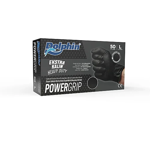 Dolphin PowerGrip Nitril Eldiven Ekstra Kalın Siyah L Beden 50 Adet x 20 Paket - Koli - Dolphin