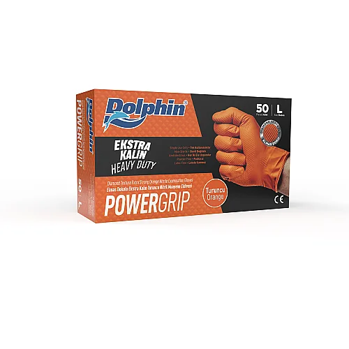 Dolphin PowerGrip Nitril Eldiven Ekstra Kalın Turuncu L Beden 50 Adet x 20 Paket - Koli - Dolphin