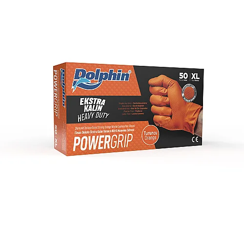 Dolphin PowerGrip Nitril Eldiven Ekstra Kalın Turuncu XL Beden 50 Adet x 20 Paket - Koli - Dolphin