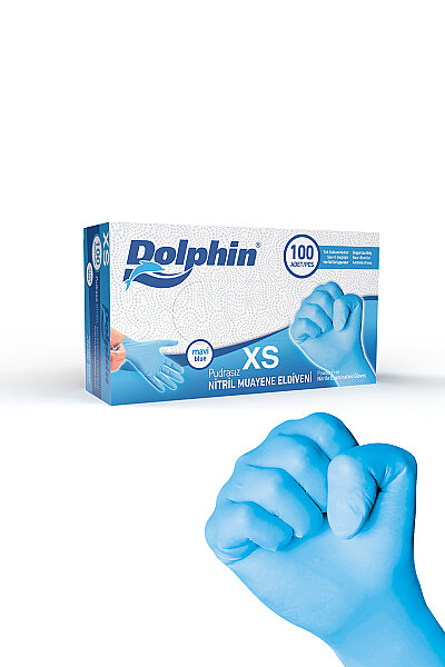 Dolphin Pudrasız Mavi Nitril Muayene Eldiveni XS Beden 100 Adet - MDR - 1