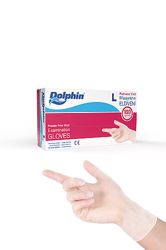 Dolphin Beyaz Vinil Eldiveni Pudrasız L Beden 100 Adet -MDR - Dolphin