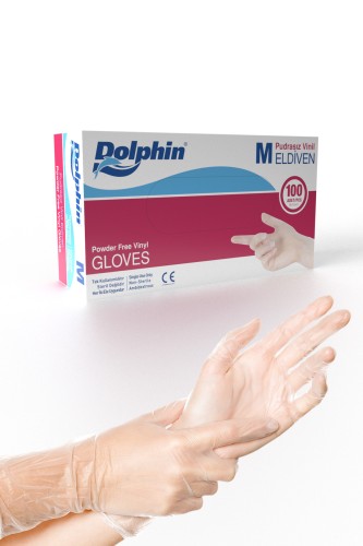 Dolphin Beyaz Vinil Eldiven Pudrasız (M) 100lü Paket - Thumbnail