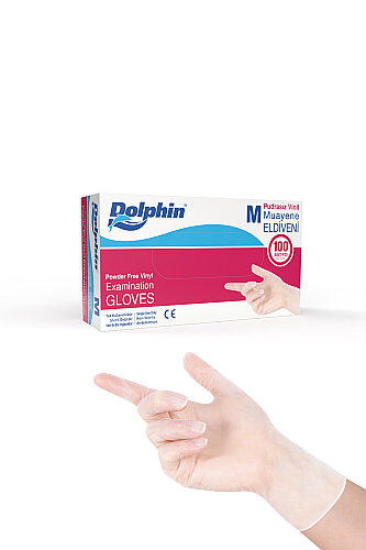 Dolphin Beyaz Vinil Eldiveni Pudrasız M Beden 100 Adet -MDR - Dolphin