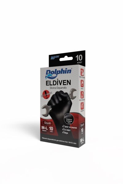 Dolphin Siyah Nitril Eldiven Pudrasız Ekstra Kalın (L) 10lu Paket - 1