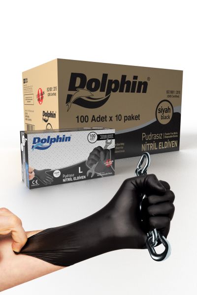 Dolphin Siyah Nitril Eldiven Pudrasız Ekstra Kalın L 100 Adet x 10 Paket - Koli