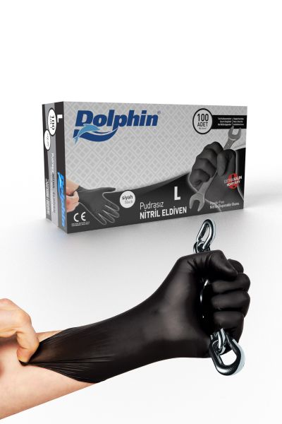 Dolphin Siyah Nitril Eldiven Pudrasız Ekstra Kalın L 100 Adet