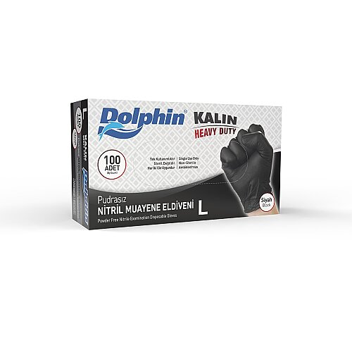 Dolphin Siyah Nitril Eldiven Pudrasız Ekstra Kalın L Beden 100 Adet -MDR - Dolphin