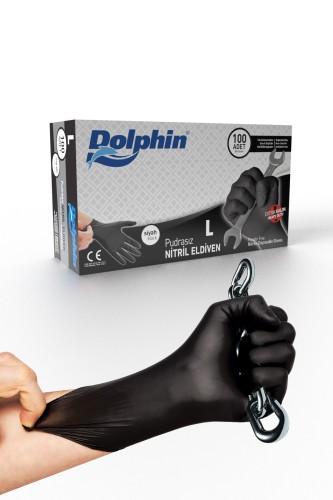 Dolphin - Dolphin Siyah Nitril Eldiven Pudrasız Ekstra Kalın (L) 100lü Paket