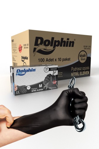 Dolphin - Dolphin Siyah Nitril Eldiven Pudrasız Ekstra Kalın (M) 10 PK x 100Adet