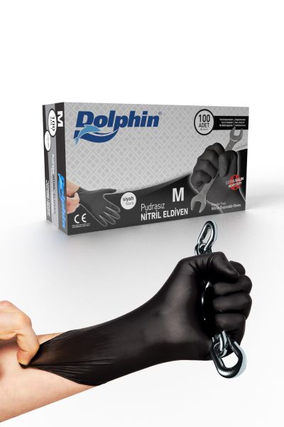 Dolphin Siyah Nitril Eldiven Pudrasız Ekstra Kalın (M) 100lü Paket