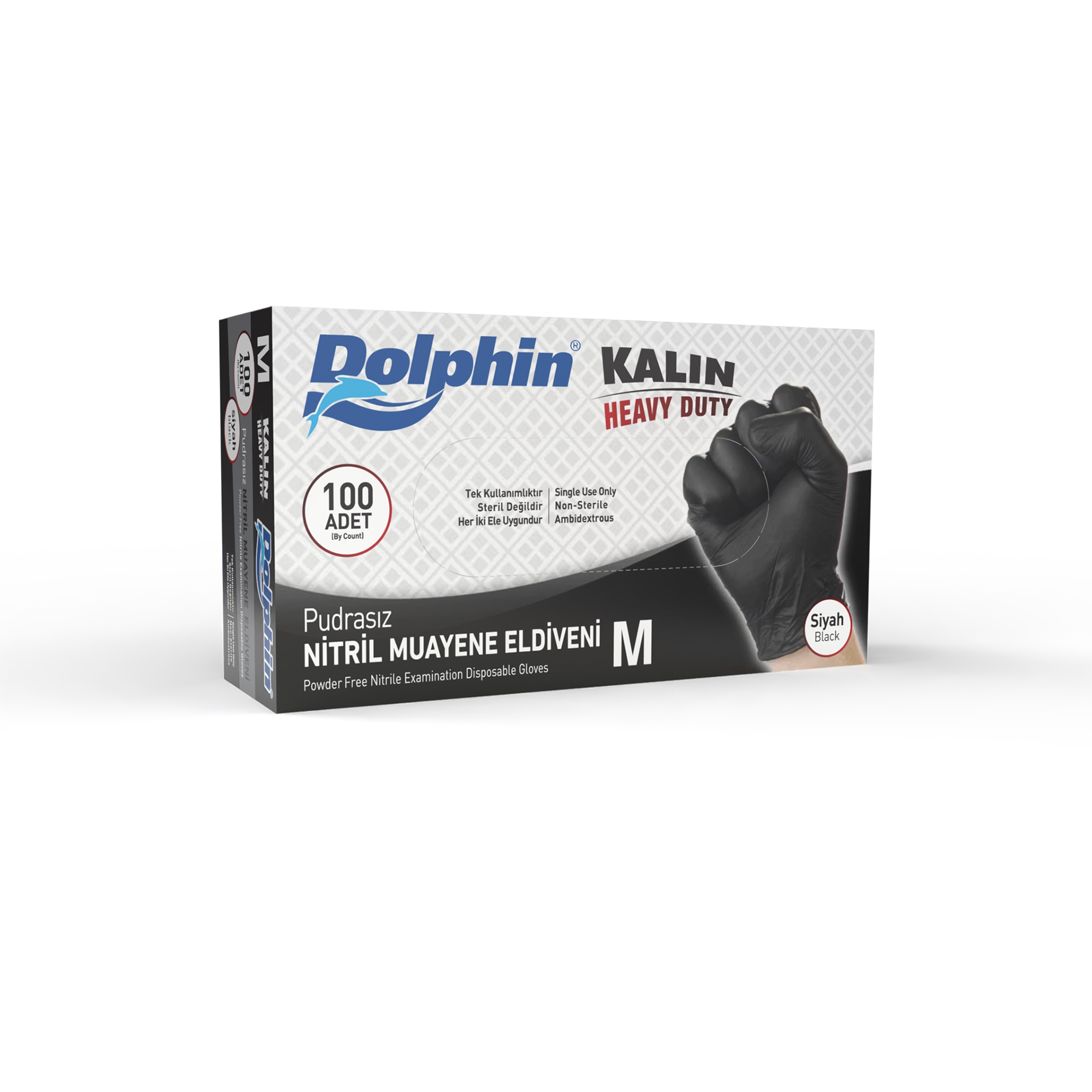 Dolphin Siyah Nitril Eldiven Pudrasız Ekstra Kalın M Beden 100 Adet -MDR