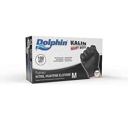 Dolphin Siyah Nitril Eldiven Pudrasız Ekstra Kalın M Beden 100 Adet -MDR - Dolphin