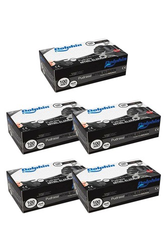 Dolphin - Dolphin Siyah Nitril Eldiven Pudrasız Ekstra Kalın (XL) 100lü Paket 5 Adet