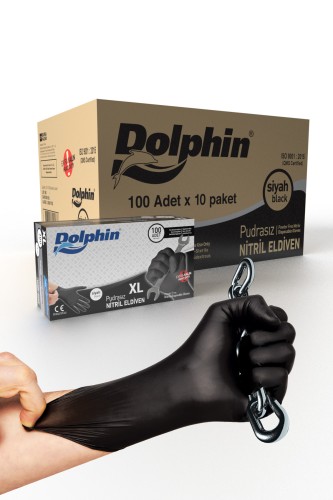 Dolphin - Dolphin Siyah Nitril Eldiven Pudrasız Ekstra Kalın XL 100 Adet x 10 Paket - Koli