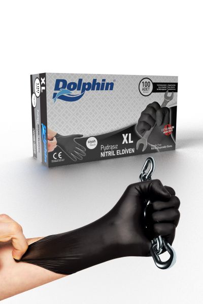 Dolphin Siyah Nitril Eldiven Pudrasız Ekstra Kalın (XL) 100lü Paket