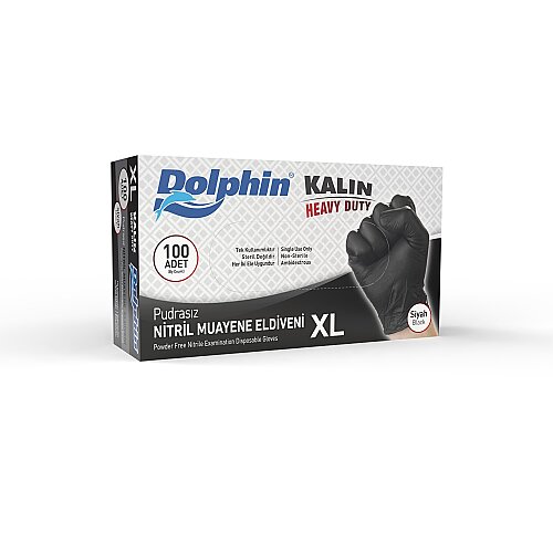 Dolphin Siyah Nitril Eldiven Pudrasız Ekstra Kalın XL Beden 100 Adet -MDR - Dolphin