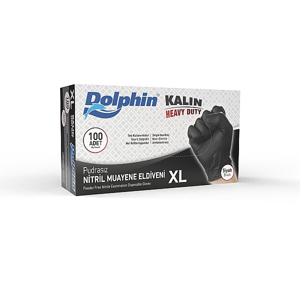 Dolphin Siyah Nitril Eldiven Pudrasız Ekstra Kalın XL Beden 100 Adet -MDR - 1