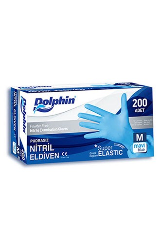 Dolphin - Dolphin Süper Elastik Mavi Nitril Eldiven Pudrasız (M) 200lü Paket