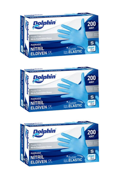 Dolphin Süper Elastik Mavi Nitril Eldiven Pudrasız (S) 200 lü Paket 3 Adet