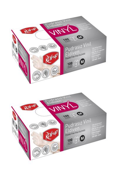 Roll-Up Beyaz Vinil Eldiven Pudrasız (M) 100lü Paket 2 Adet