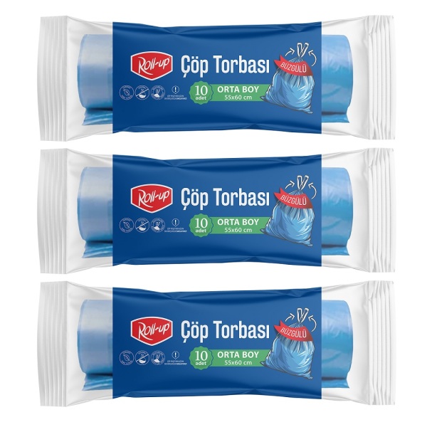 Roll-up Çöp Torbası Orta Boy Büzgülü 55x60cm 10 Adet x 3 Paket - 1