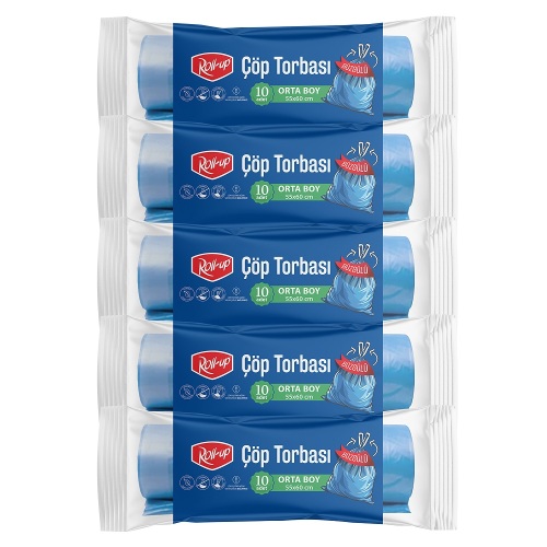 Roll-up Çöp Torbası Orta Boy Büzgülü 55x60cm 10 Adet x 5 Paket - Roll-Up
