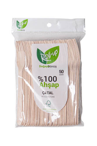 Roll-Up Doğa Dostu Ahşap Çatal 50 Adet - Roll-Up