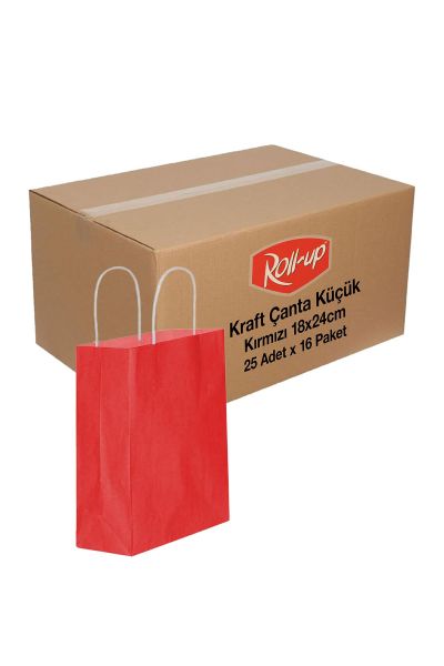 Roll-Up Kraft Çanta Kırmızı Küçük Boy 18x24cm 25 Adet x 16 Paket Koli