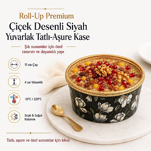 Roll-Up Premium Çiçek Desenli Siyah Yuvarlak Tatlı-Aşure Kase 6 Adet - Roll-Up