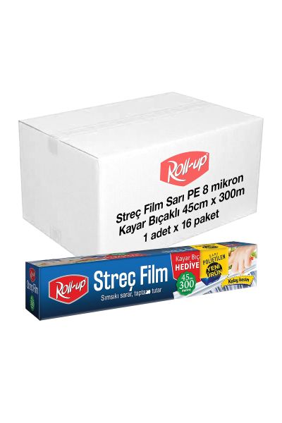 Roll Up Sarı PE Streç Film 45 cm x 300m 8mic (Kayar Bıçak Hediyeli) x 16 Paket (Koli)